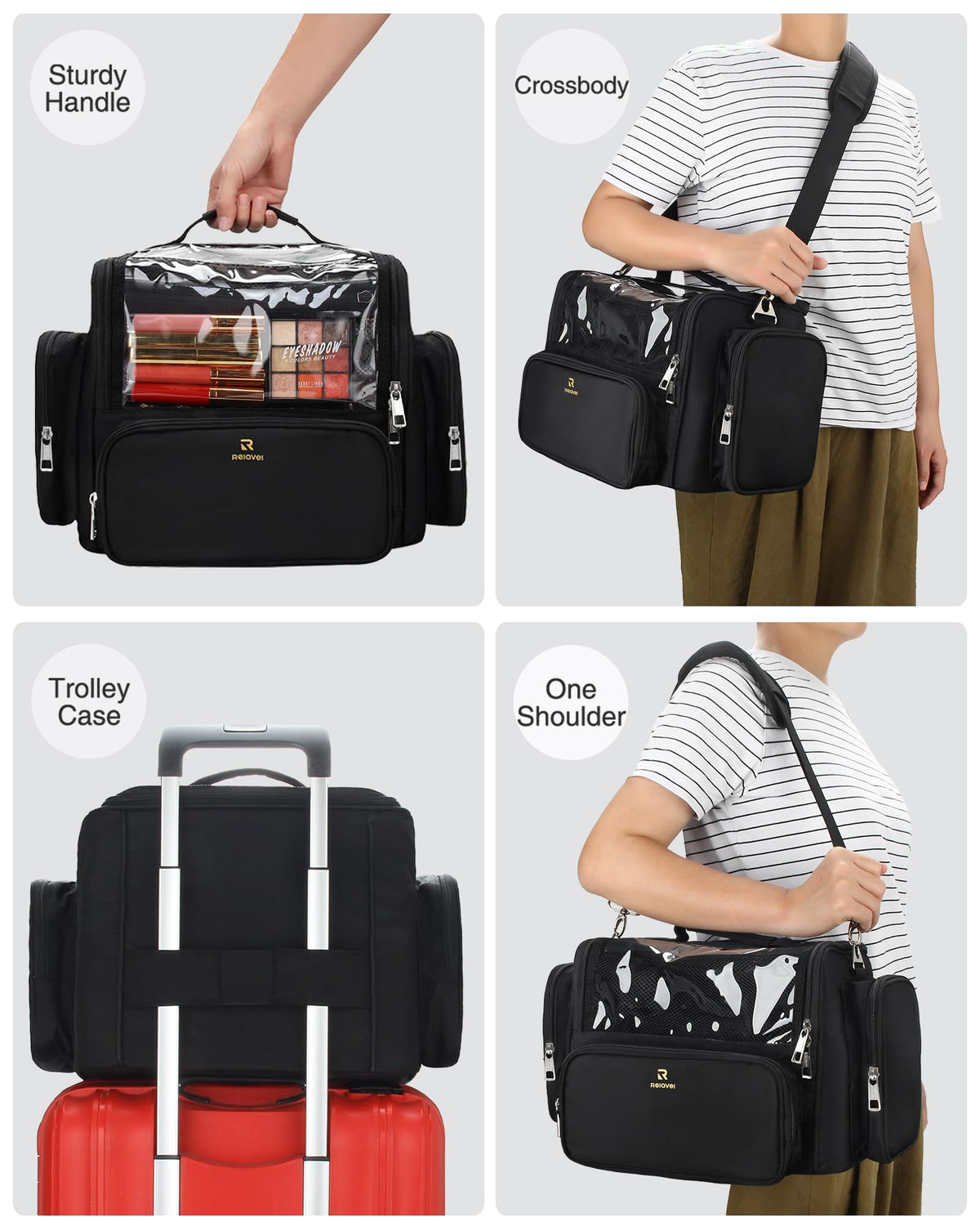 NAONAYA makeup bag includes handle and strap for easy travel and luggage attachment.
