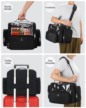 NAONAYA makeup bag includes handle and strap for easy travel and luggage attachment.