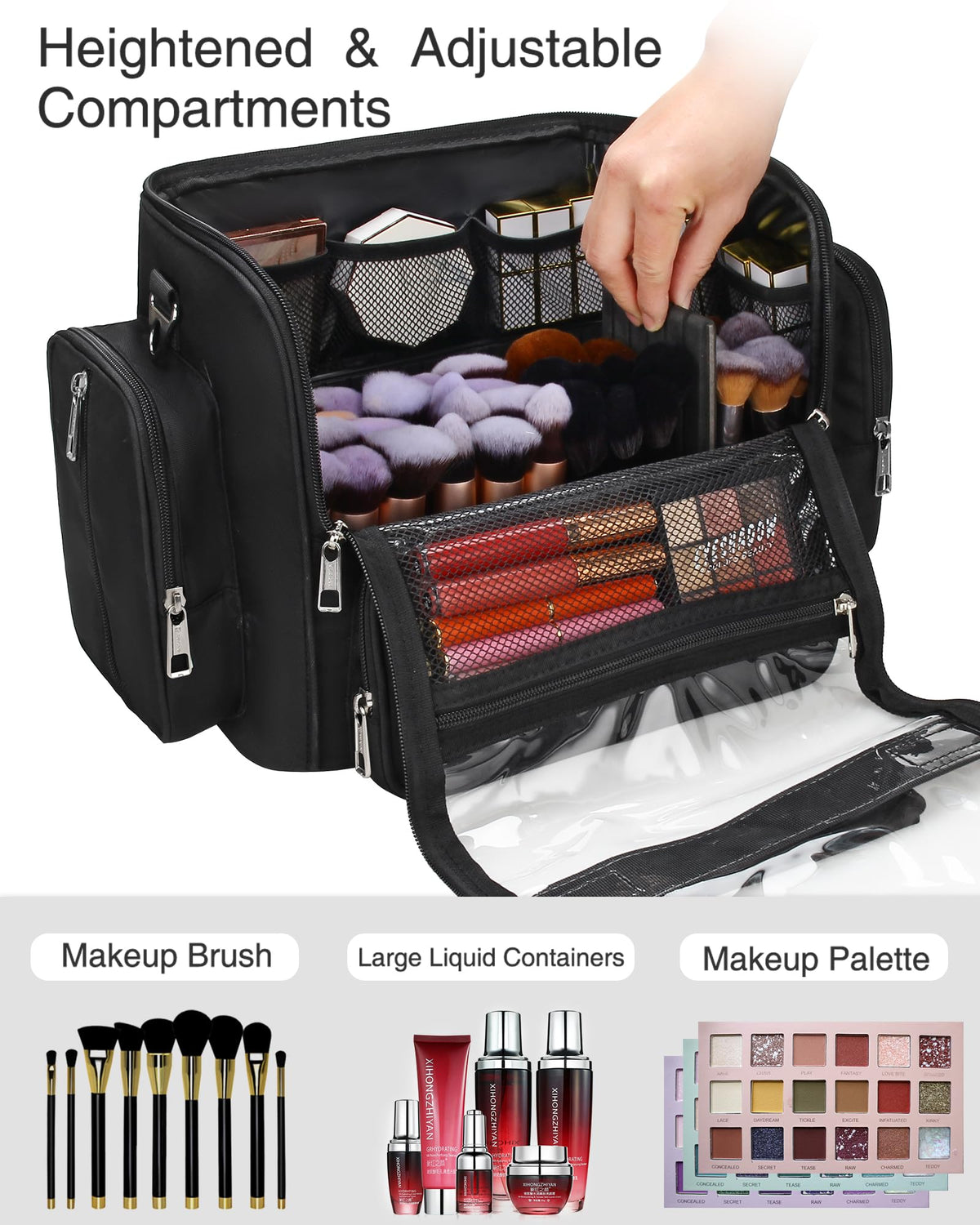 NAONAYA makeup bag with adjustable dividers for organized storage of brushes and tools.