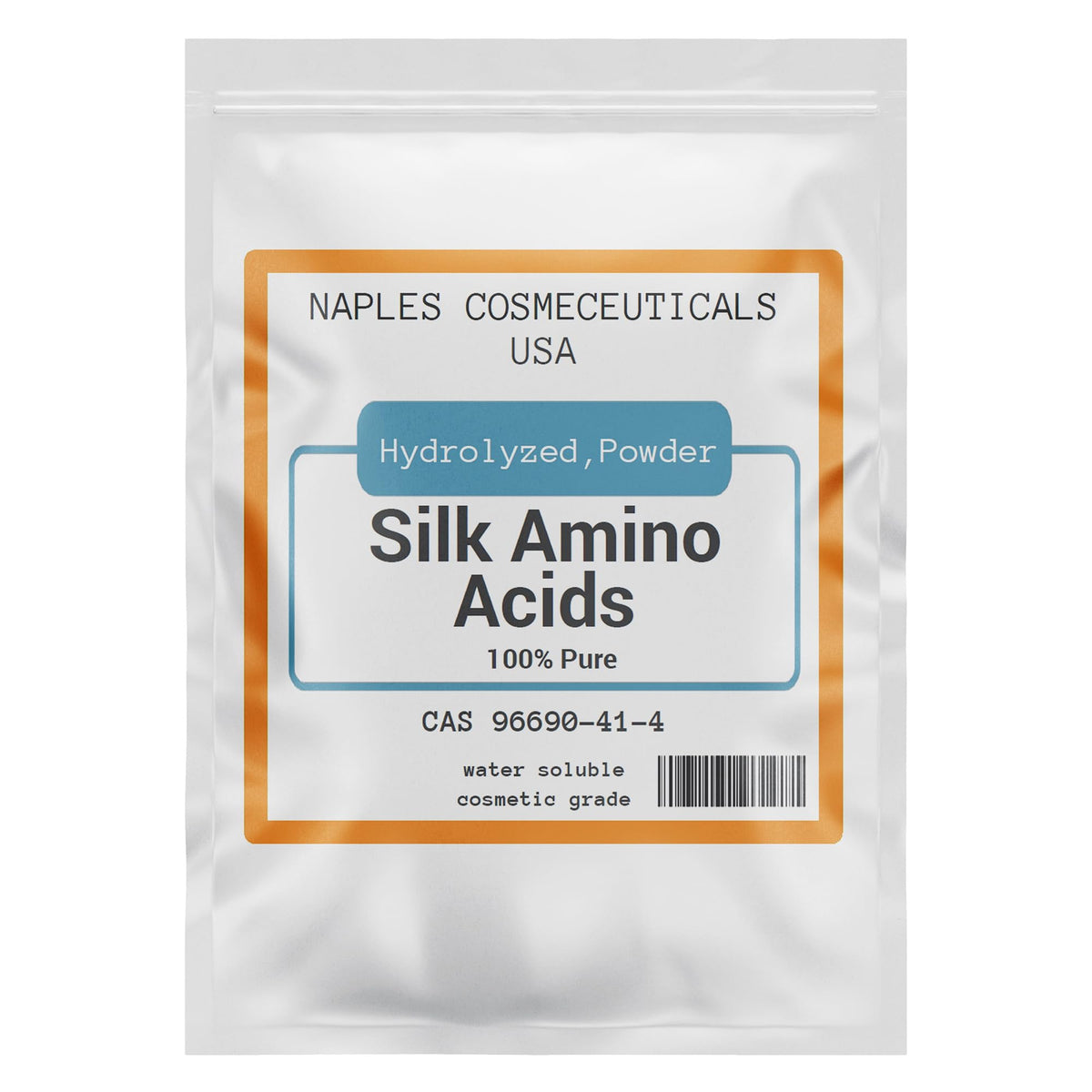 Naples Cosmeceuticals Silk Amino Acid Powder bottle shows concentrated moisture for hair and skin.