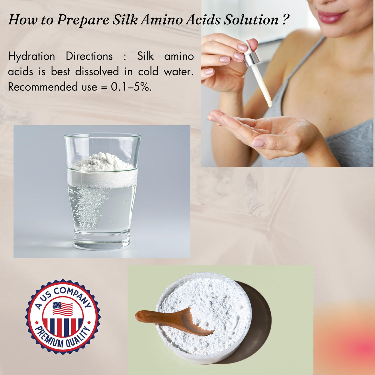 Naples Cosmeceuticals Silk Amino Acid Powder formulation-ingredient highlights versatile cosmetic uses.