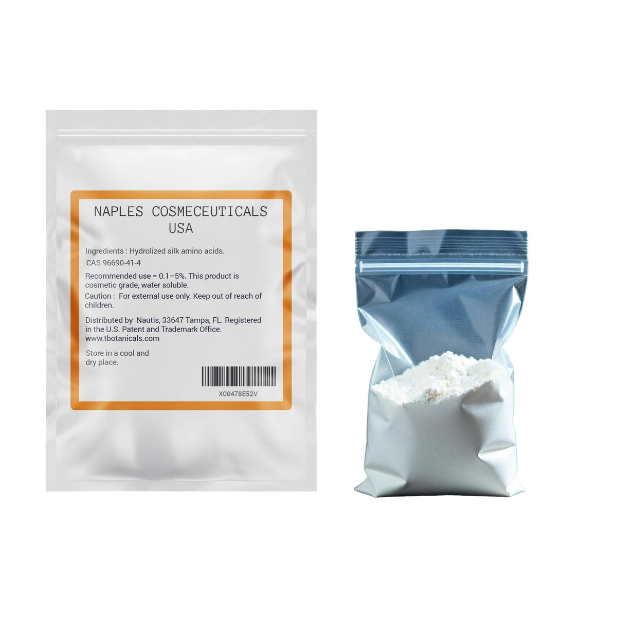 Naples Cosmeceuticals Silk Amino Acid Powder packaging-closeup emphasizes premium packaging.