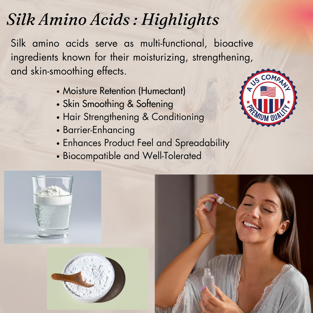 Naples Cosmeceuticals Silk Amino Acid Powder skin-care application suggests improved elasticity and moisture retention.