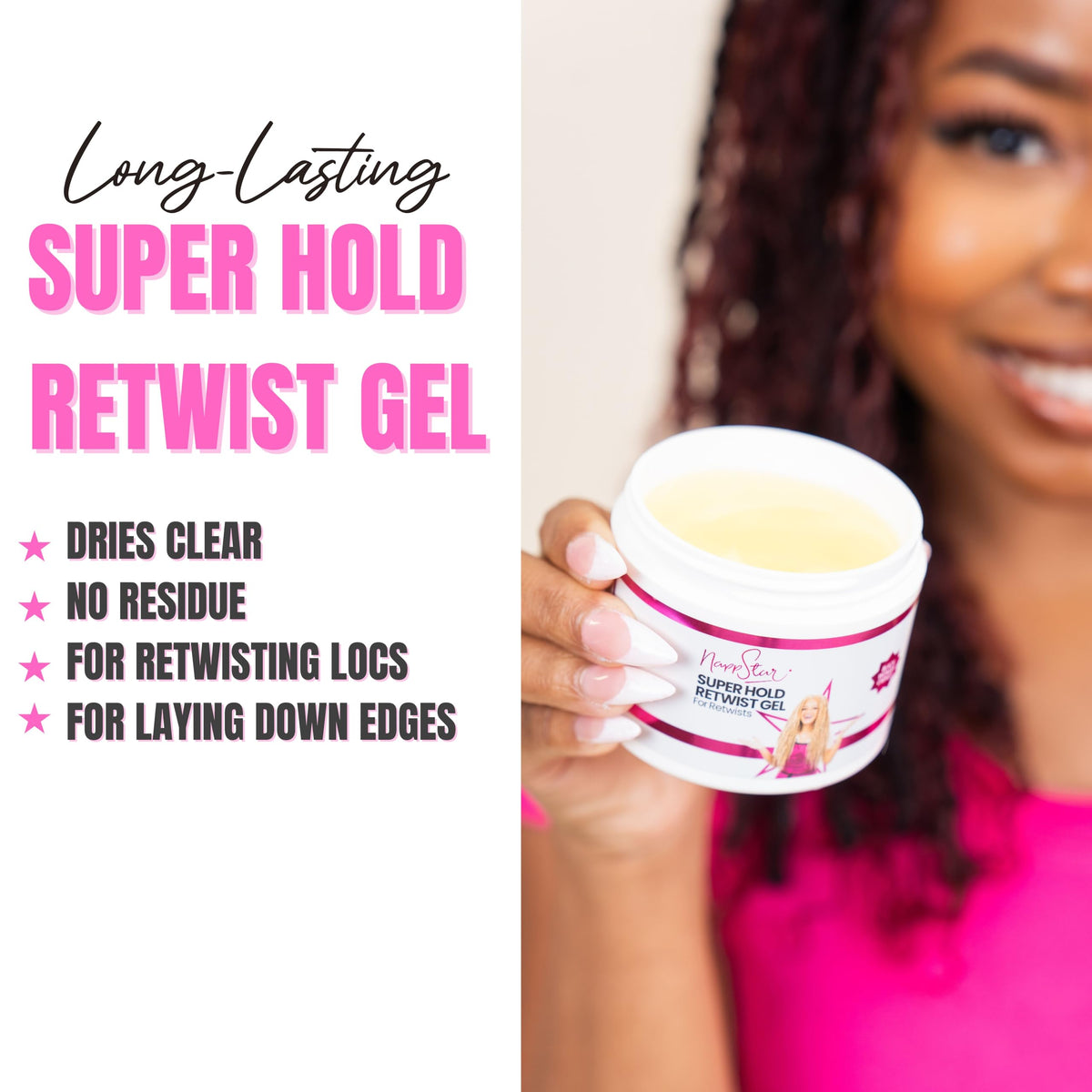 NappStar Retwist Gel on textured hair for durable hold across textures.