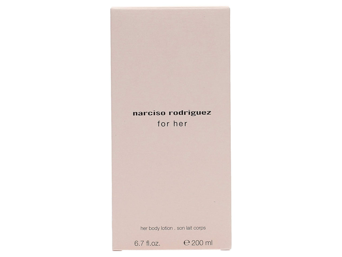Narciso Rodriguez for Her lotion bottle for subtle fragrance layering in daily routine.