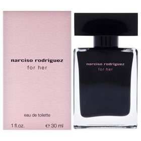Narciso Rodriguez For Her 1oz bottle close-up showcases sleek pink packaging for everyday elegance.