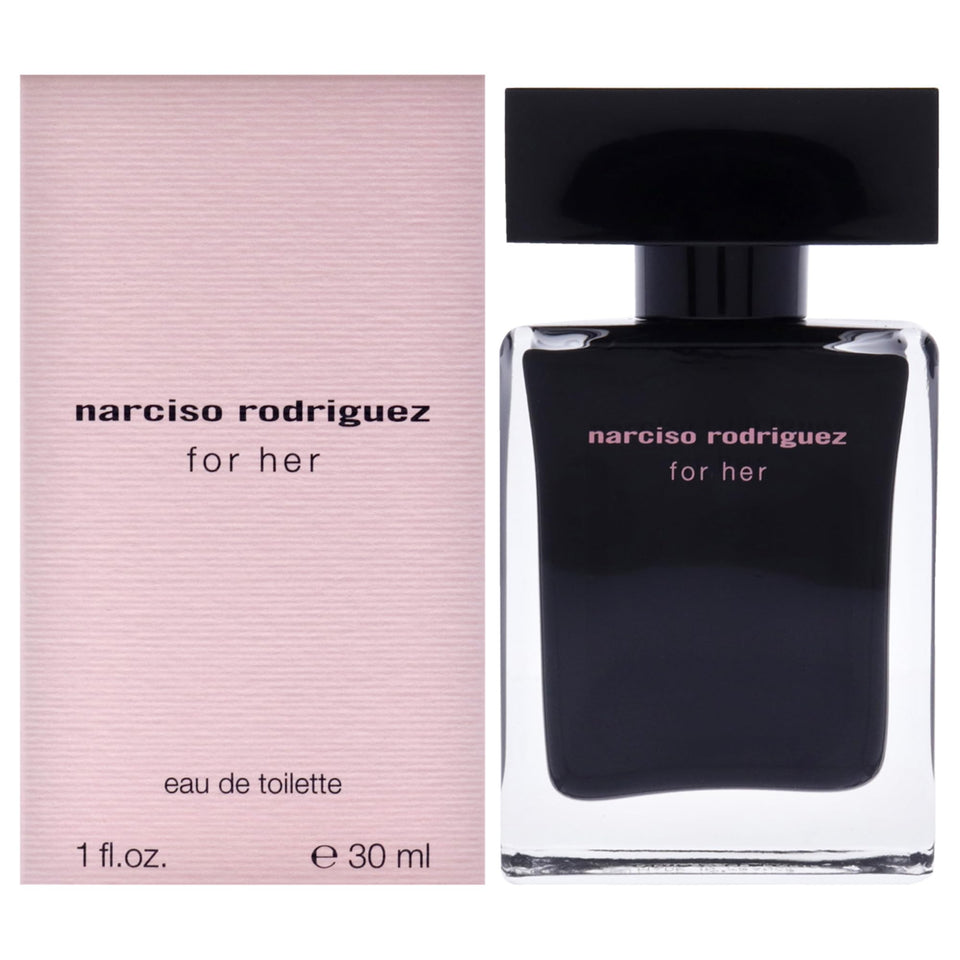 Narciso Rodriguez For Her 1oz bottle close-up showcases sleek pink packaging for everyday elegance.