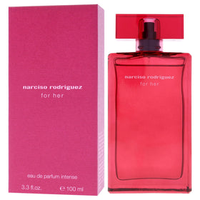 Label detail on Narciso Rodriguez Intense bottle highlights classic, sophisticated branding