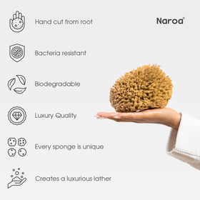 Naroa Sustainable sponge in bath scene emphasizes a plastic-free routine.