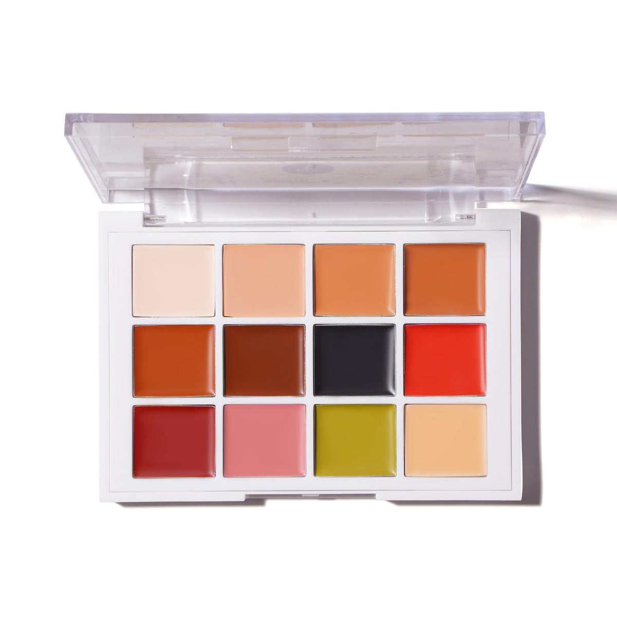 Narrative Cosmetics 12-Color Tattoo Cover Up Palette closed case with skin tone swatches.
