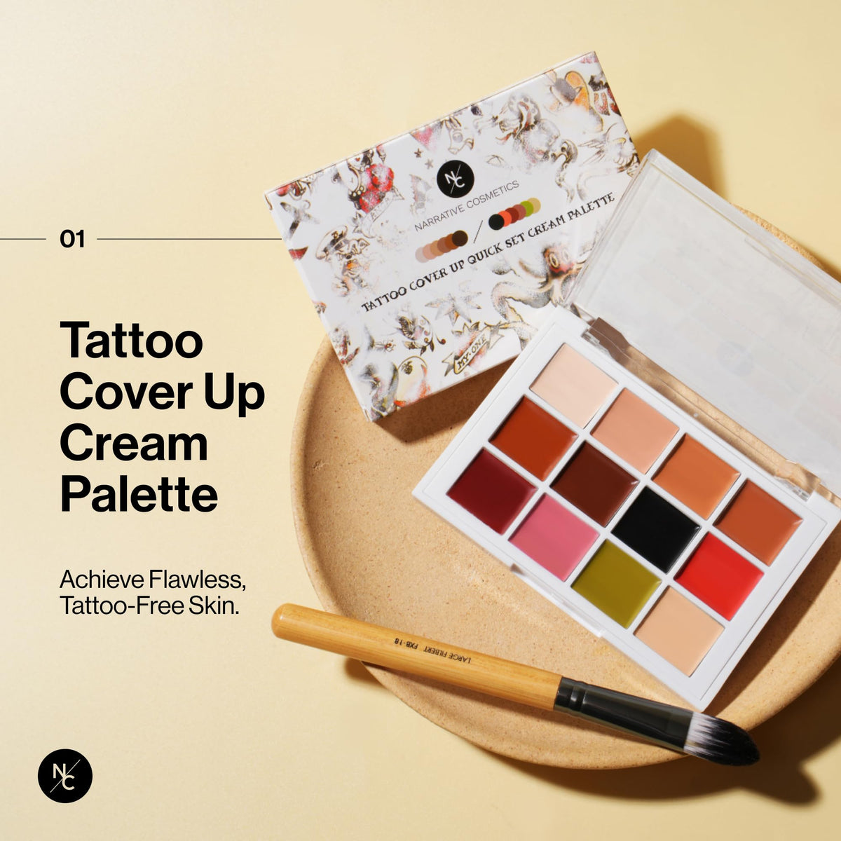Narrative Cosmetics 12-Color Tattoo Cover Up Palette open swatches showing blendable creams.