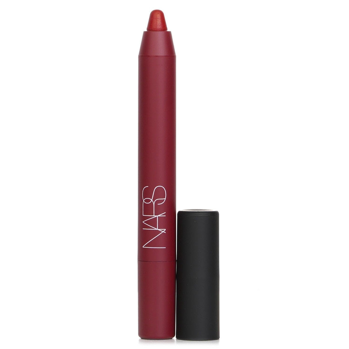 NARS Powermatte lip pencil Cruella swatch shows bold scarlet color for statement lips