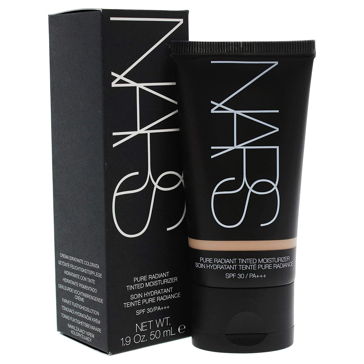 NARS Pure Radiant Tinted Moisturizer bottle close-up showing sleek packaging and SPF 30 protection