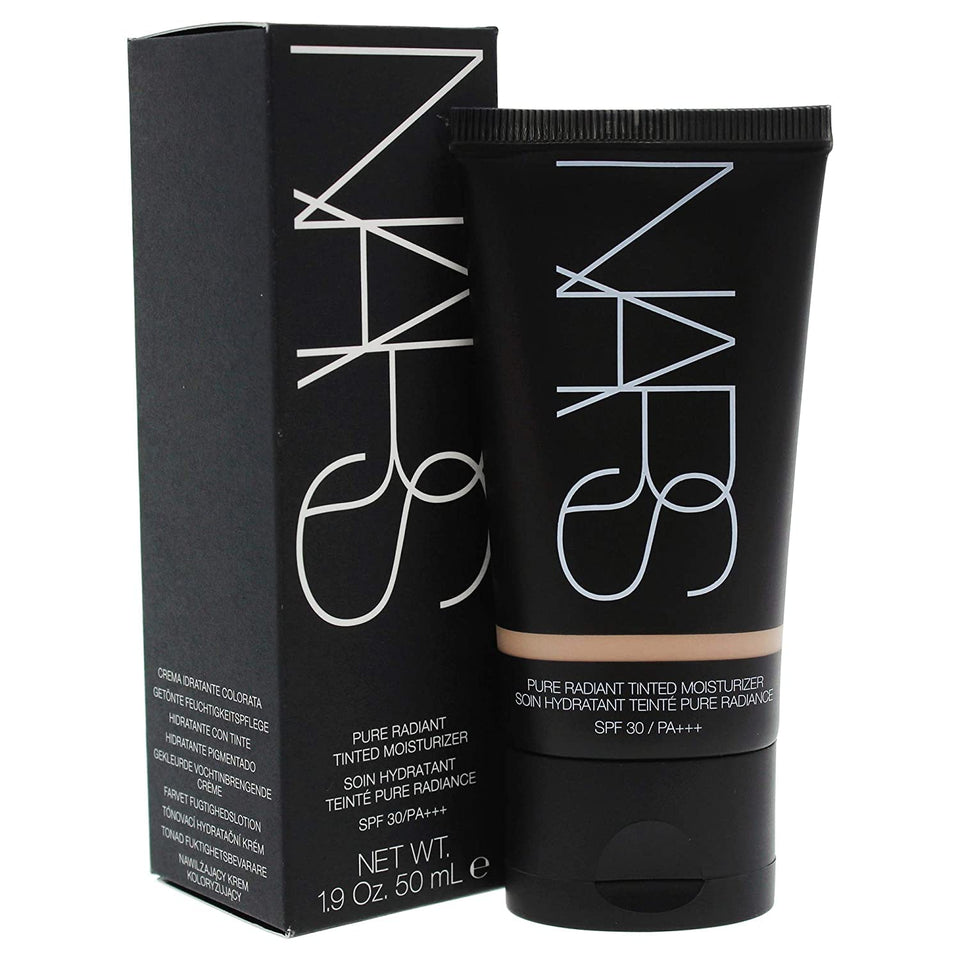 NARS Pure Radiant Tinted Moisturizer bottle close-up showing sleek packaging and SPF 30 protection