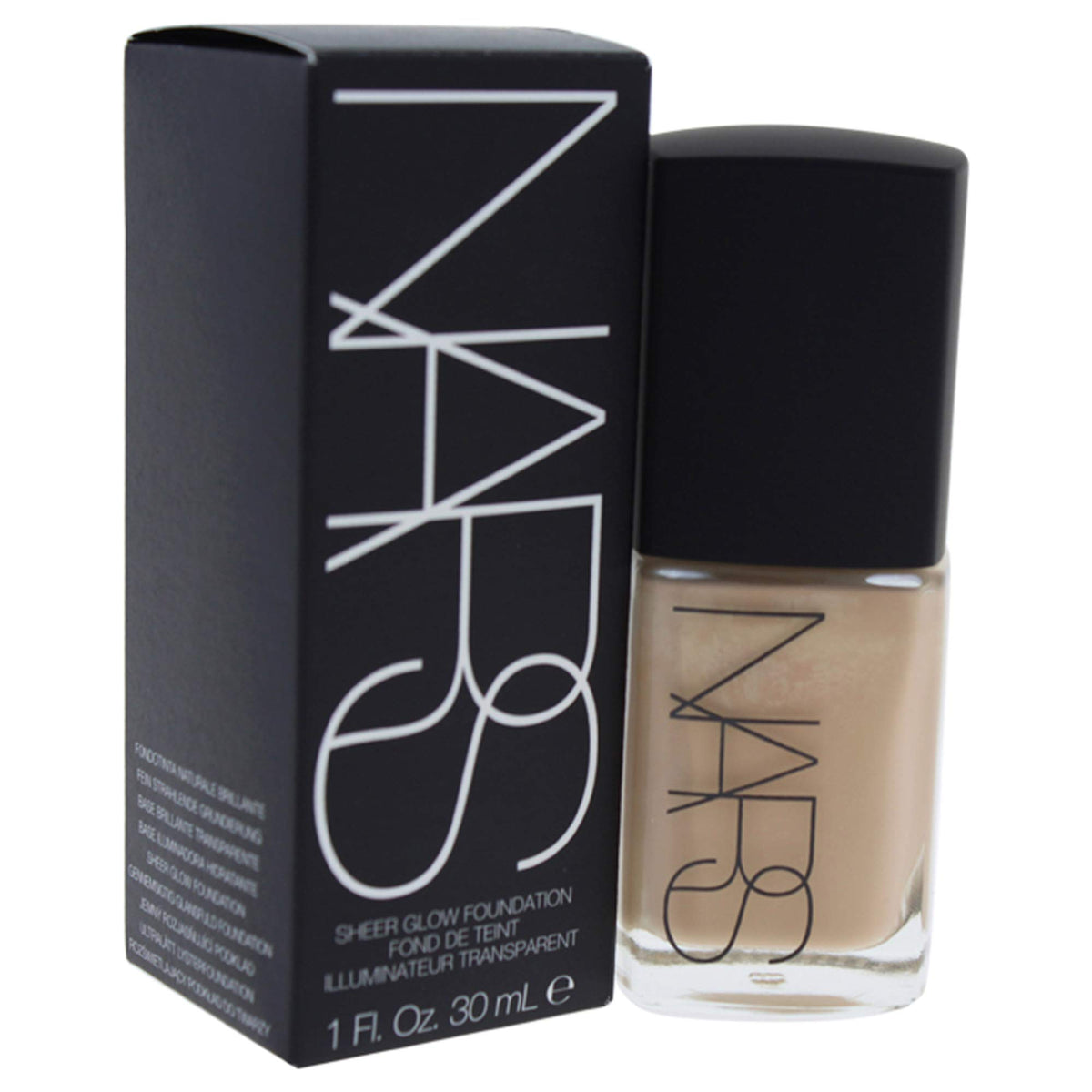 NARS Sheer Glow Foundation Medium Santa Fe swatch shows luminous natural coverage.