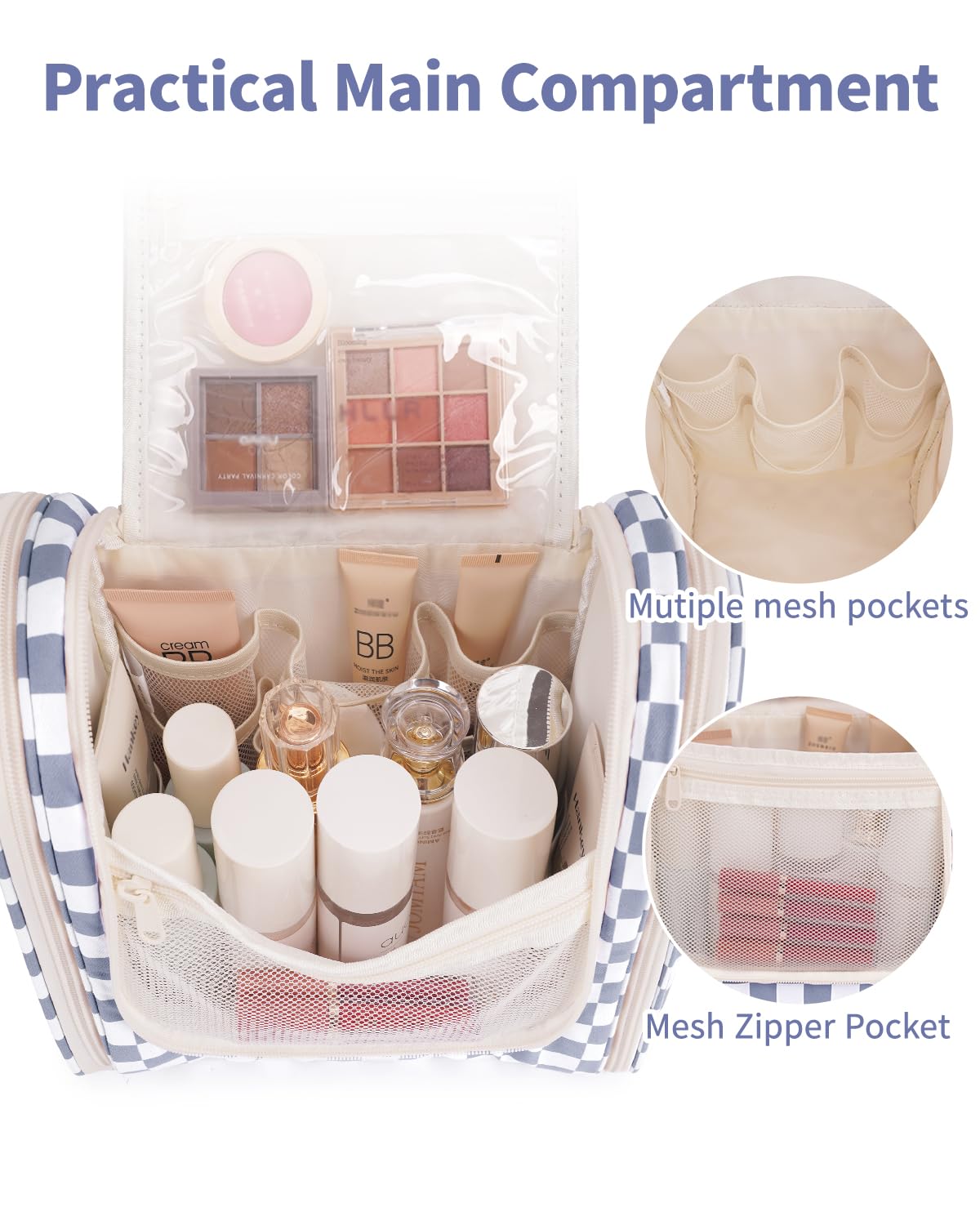 Narwey checkered bag open displaying main compartment and organization