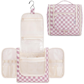 Narwey checkered hanging travel bag in dusty rose for easy access while traveling.