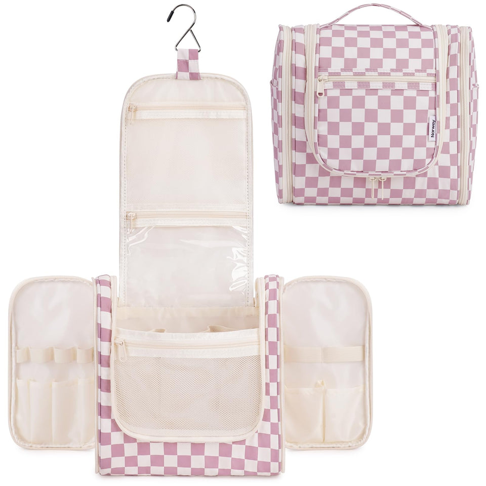 Narwey checkered hanging travel bag in dusty rose for easy access while traveling.