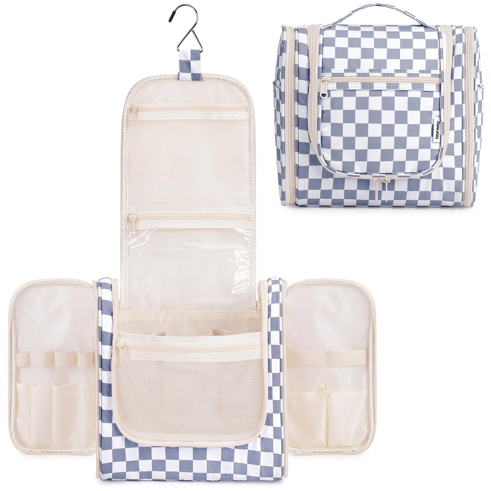 Narwey checkered hanging travel toiletry bag grayish blue on hook for easy access