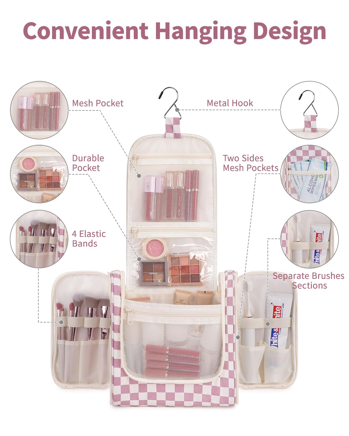Narwey checkered large-capacity toiletry bag organizing bottles and tools on the go.