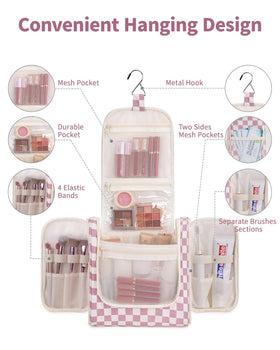 Narwey checkered large-capacity toiletry bag organizing bottles and tools on the go.