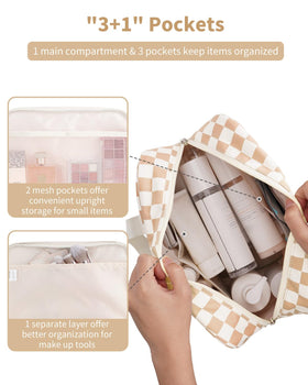 Narwey checkered makeup bag with sturdy handle for easy access.