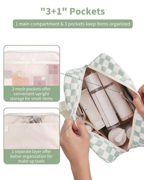 Narwey checkered makeup bag with handle provides easy access on the go.