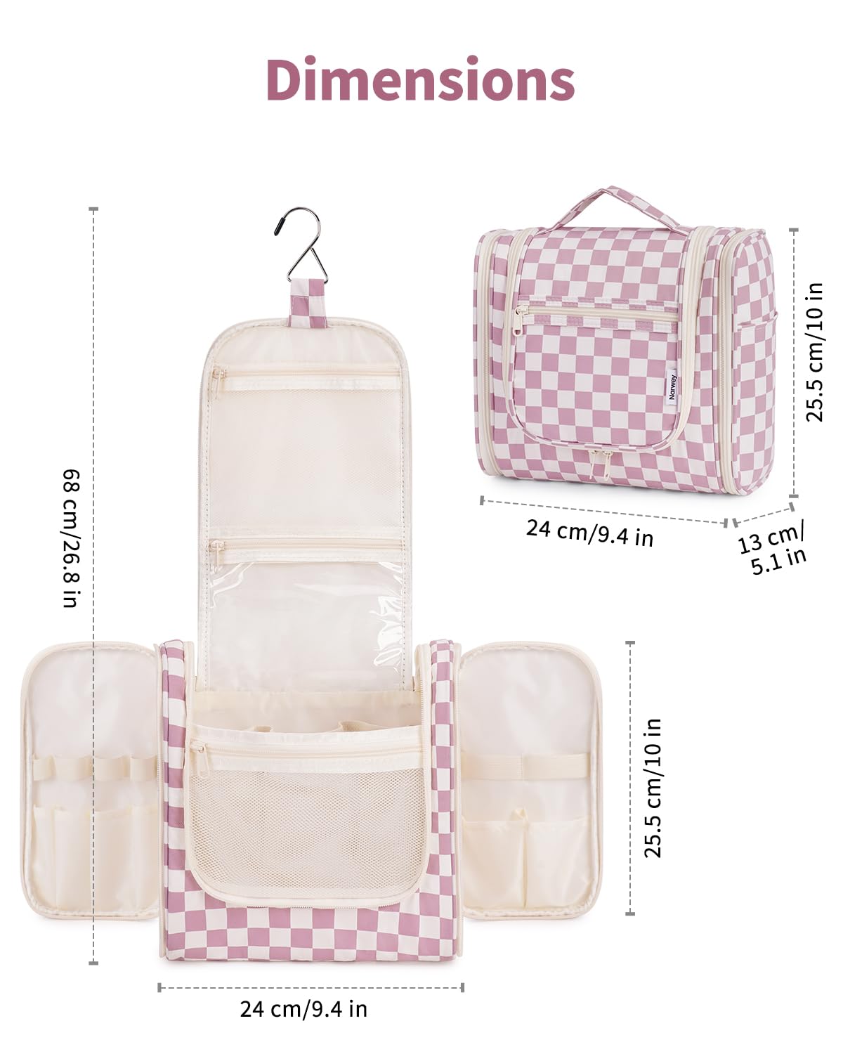 Narwey checkered bag features a built-in metal hook for hanging anywhere.