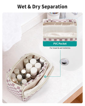 Narwey Checkered Travel Toiletry Bag front PVC pocket isolates wet items for easy cleanup.