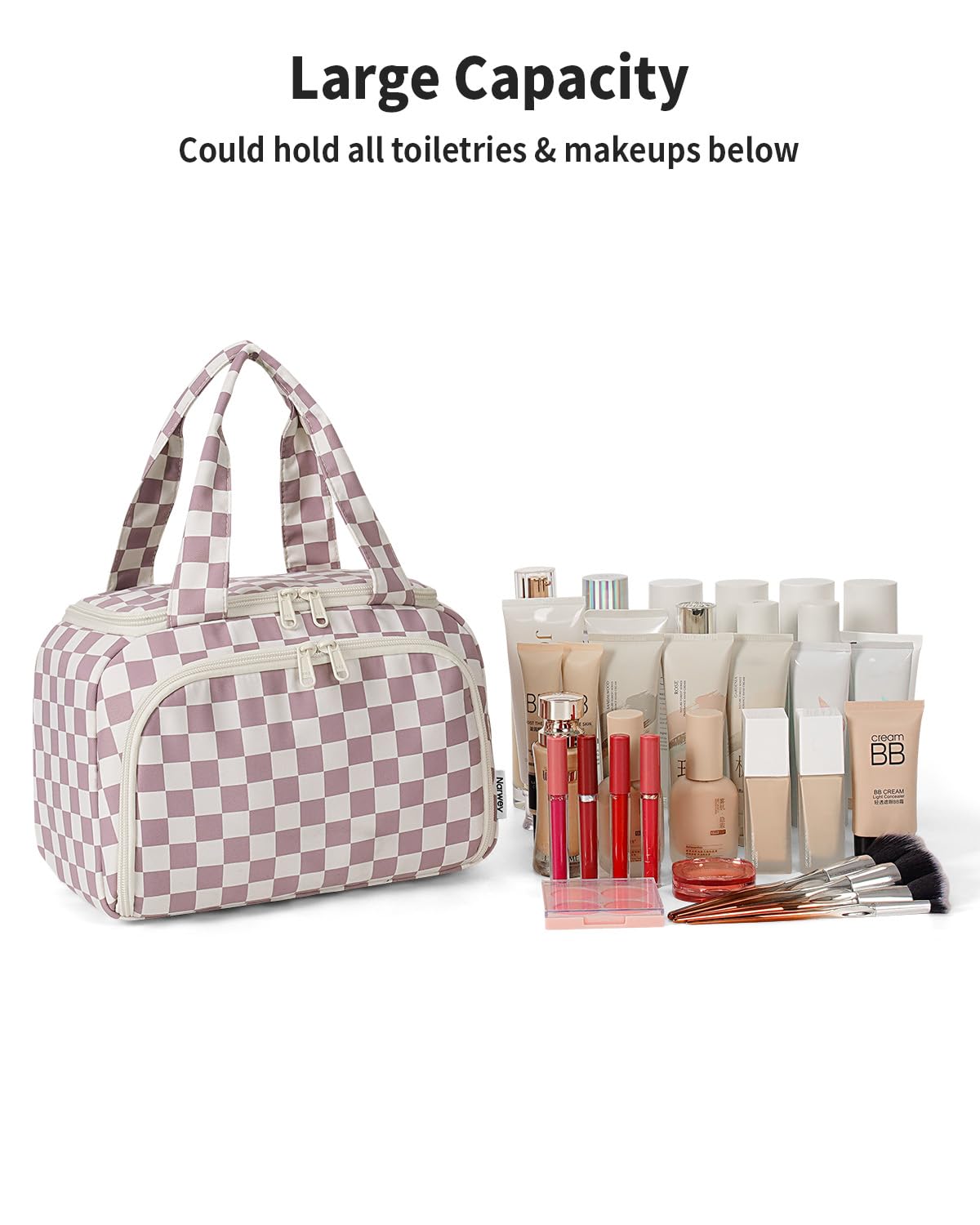 Narwey Checkered Travel Toiletry Bag versatile design for makeup, toiletries, or shower bag.