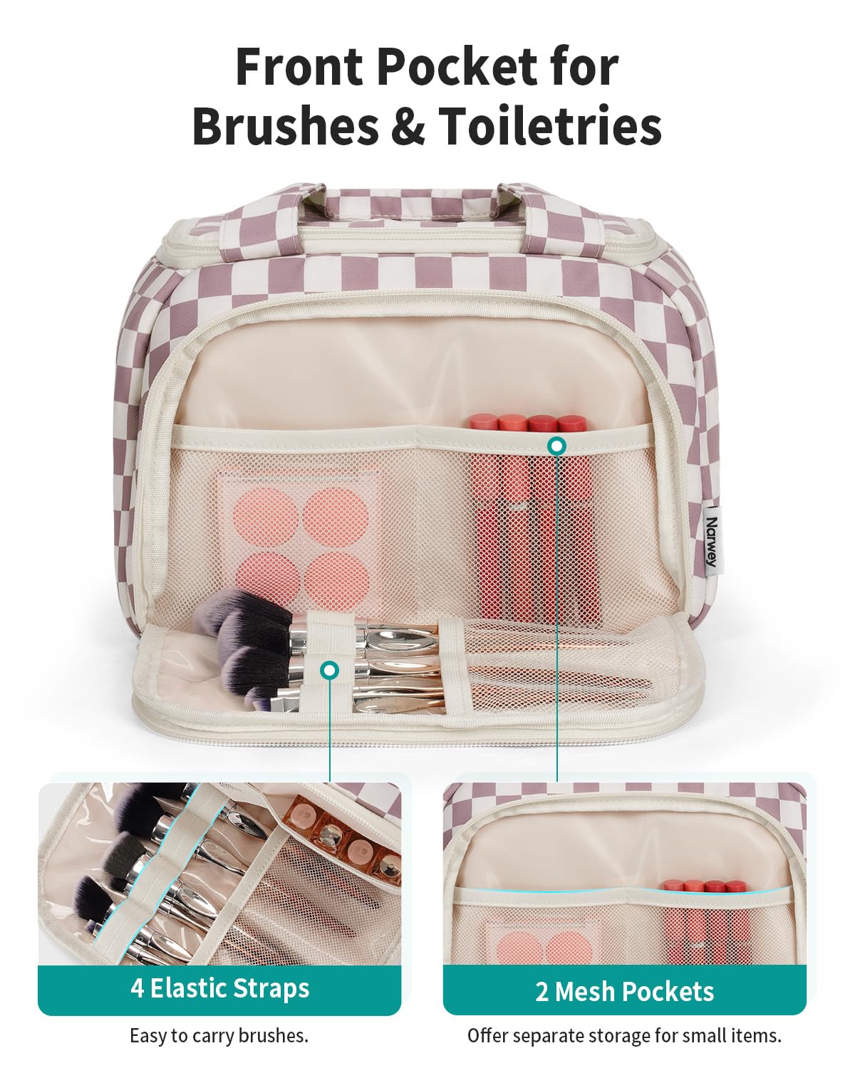 Narwey Checkered Travel Toiletry Bag removable-divider lets you customize space and prevent spills.