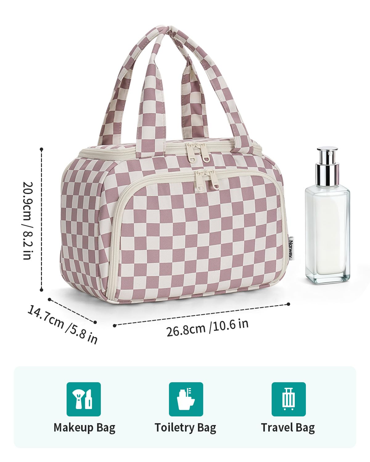 Narwey Checkered Travel Toiletry Bag sturdy handle and smooth zippers for daily reliability.