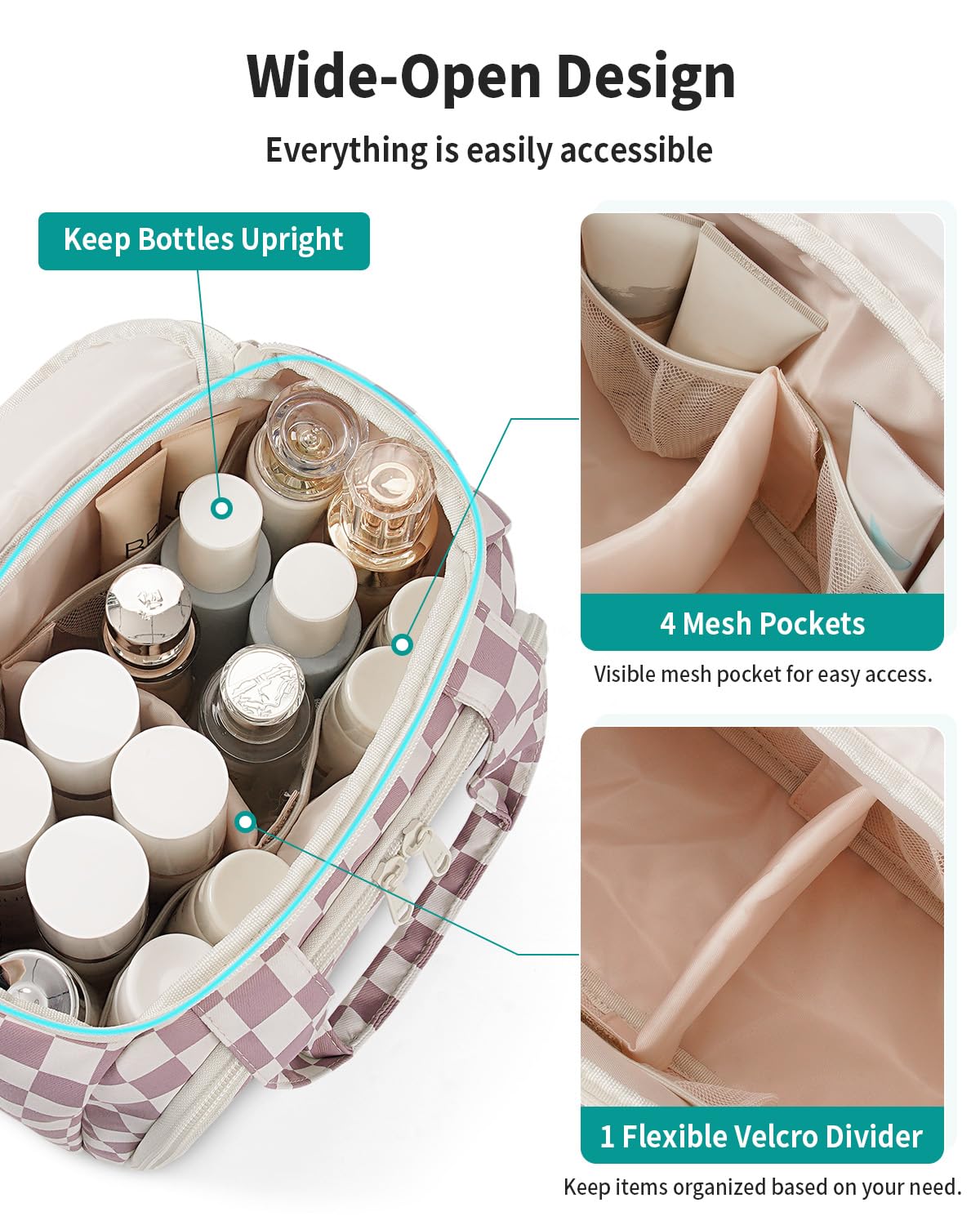 Narwey Checkered Travel Toiletry Bag three-compartments keep cosmetics tidy on trips.