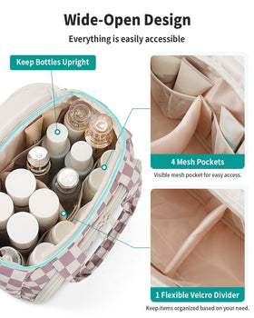 Narwey Checkered Travel Toiletry Bag three-compartments keep cosmetics tidy on trips.