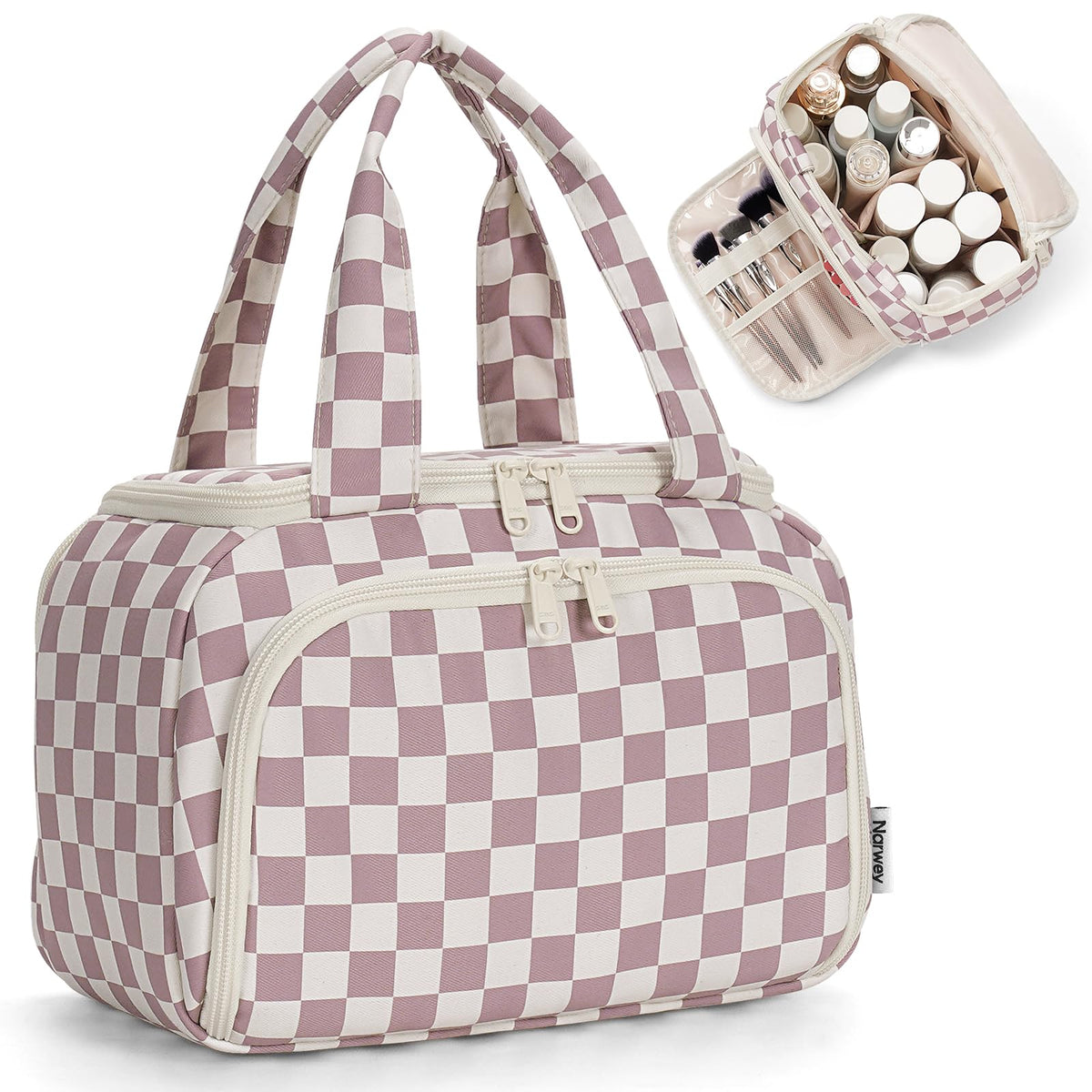 Narwey Checkered Travel Toiletry Bag wide-opening design for easy packing.
