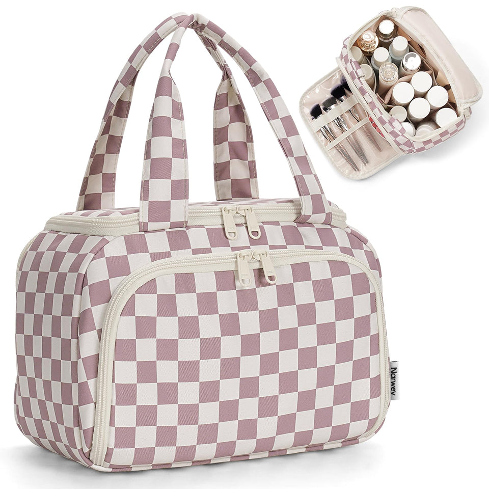 Narwey Checkered Travel Toiletry Bag wide-opening design for easy packing.