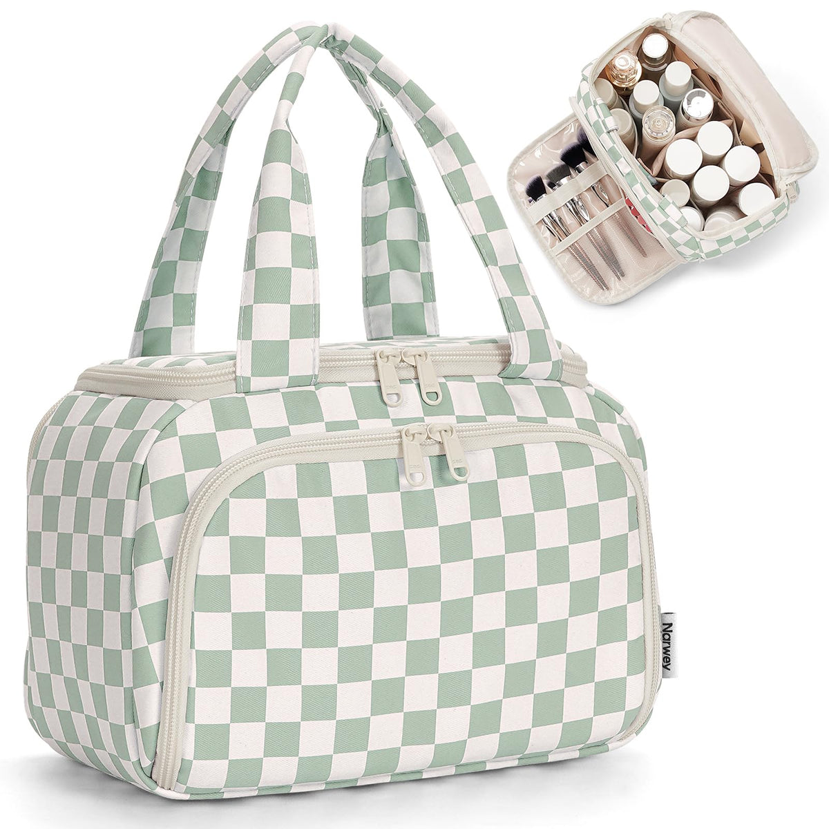 Narwey mint green checkered travel bag wide opening for easy packing and quick access
