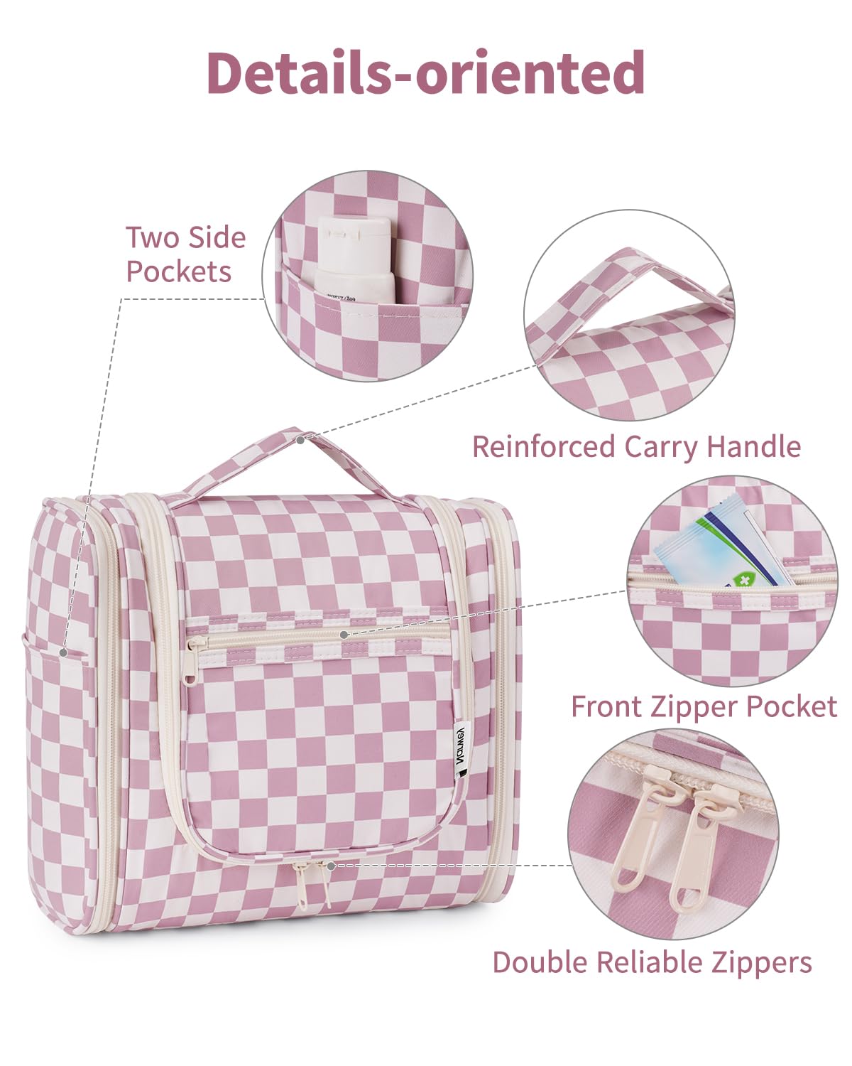 Narwey checkered water-resistant fabric protects contents from spills.