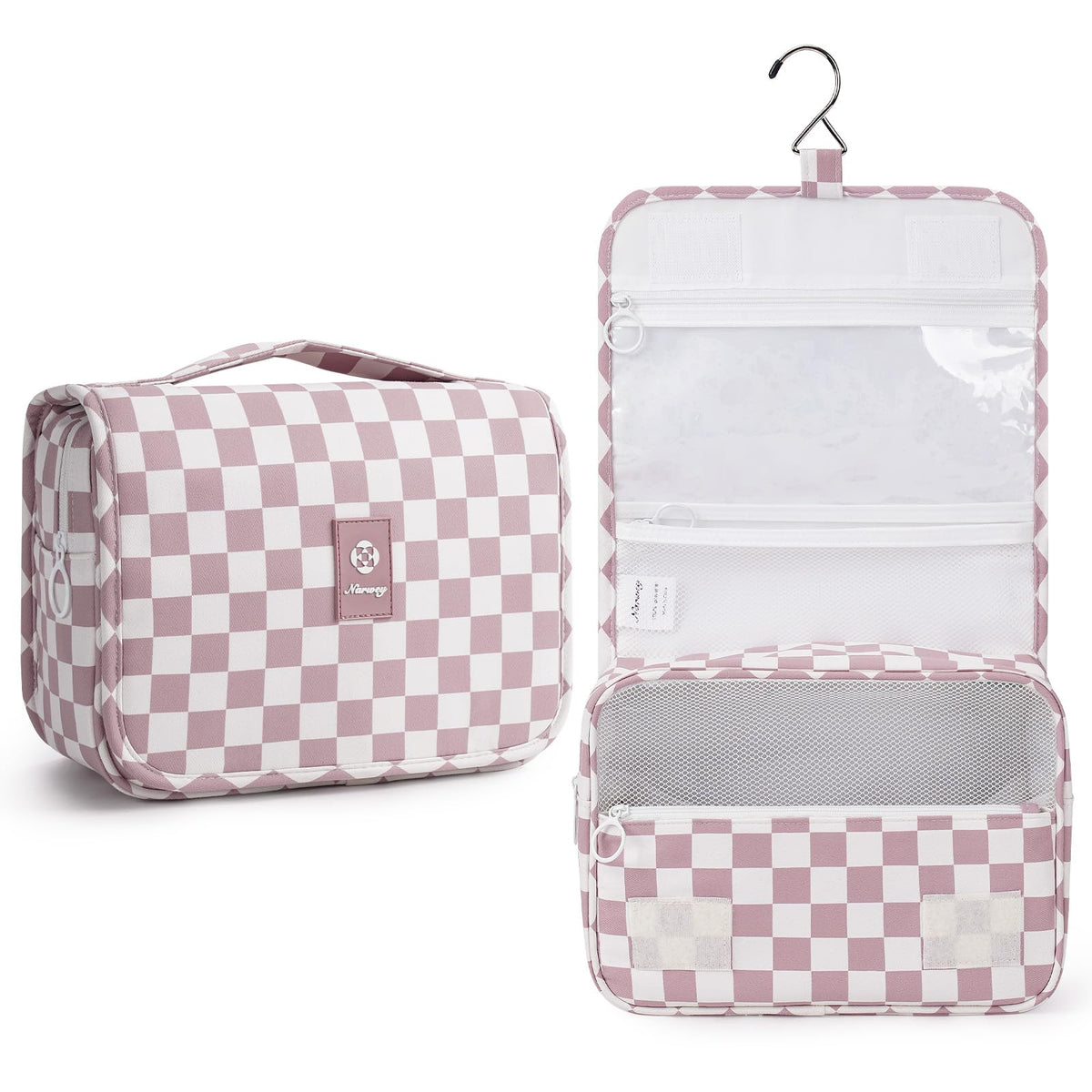 Narwey dusty pink checkerboard bag front view showing compact travel storage and style for trips