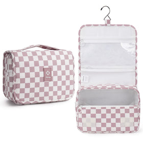 Narwey dusty pink checkerboard bag front view showing compact travel storage and style for trips