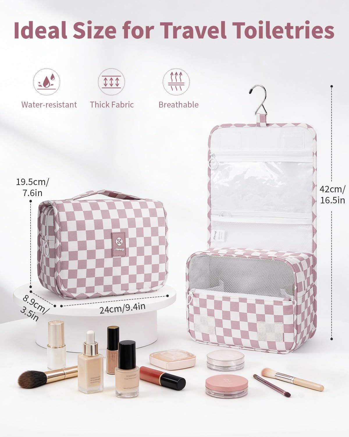 Narwey hanging hook detail highlights convenient, space-saving travel storage