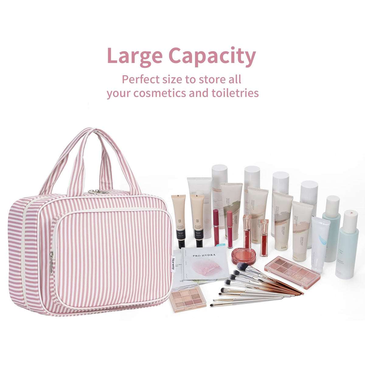 Narwey dusty pink stripe travel essentials neatly organized for trips.