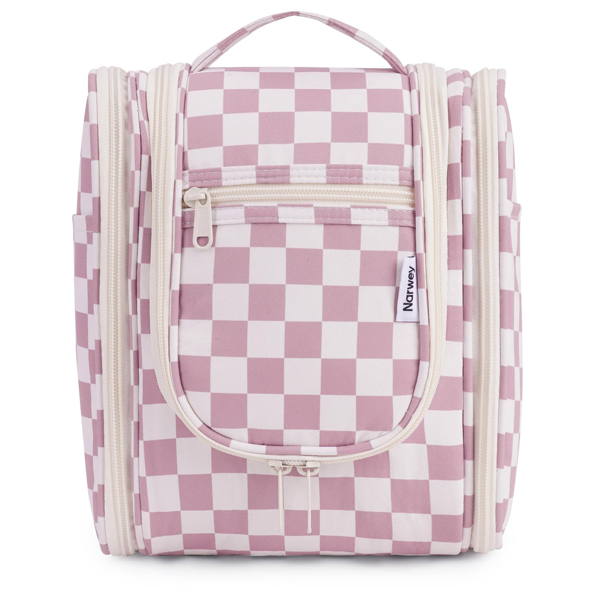 Narwey dusty rose checkered toiletry bag ready for travel organization.