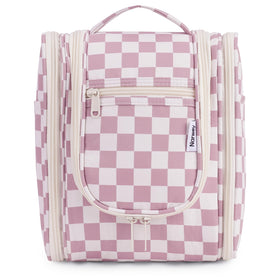 Narwey dusty rose checkered toiletry bag ready for travel organization.