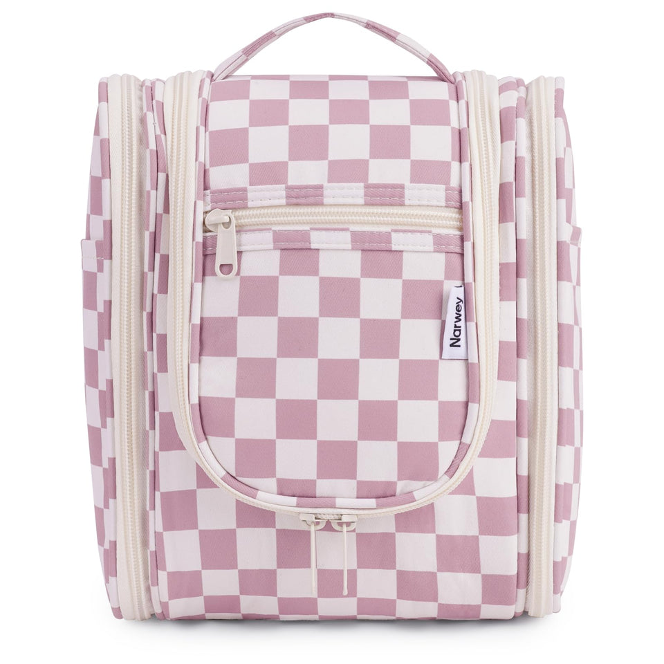 Narwey dusty rose checkered toiletry bag ready for travel organization.