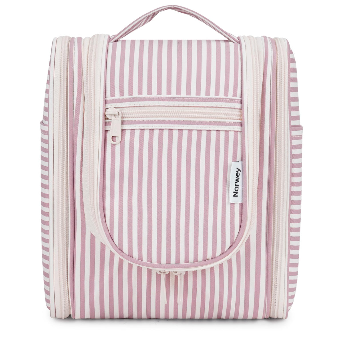 Narwey dusty rose striped hanging toiletry bag keeps toiletries organized on travel