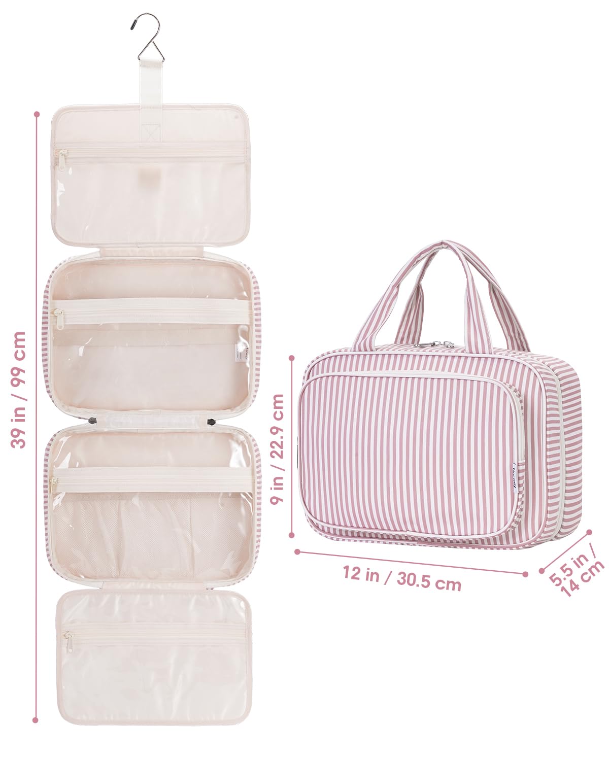 Narwey dusty pink striped bag keeps grooming essentials organized during adventures.