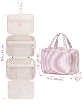 Narwey dusty pink striped bag keeps grooming essentials organized during adventures.
