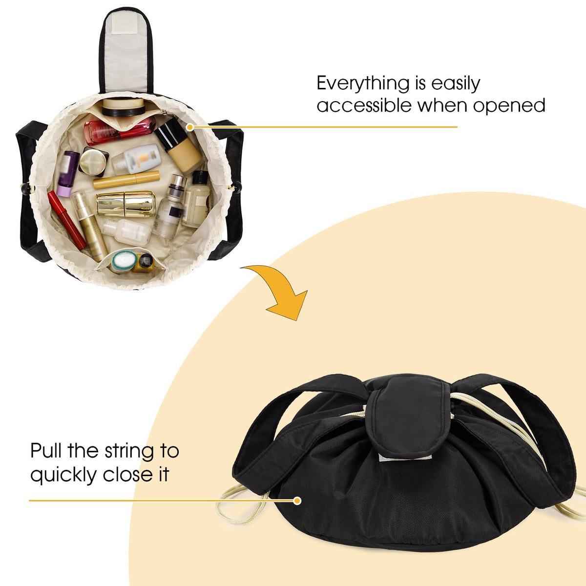 Narwey front Velcro and double drawstrings closure for secure packing.