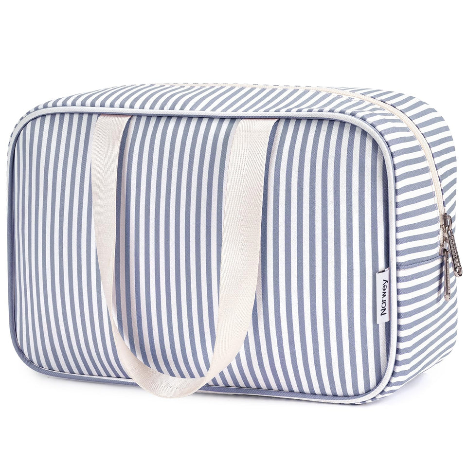 Narwey full-size toiletry bag in greyish-blue stripe with a spacious main compartment.